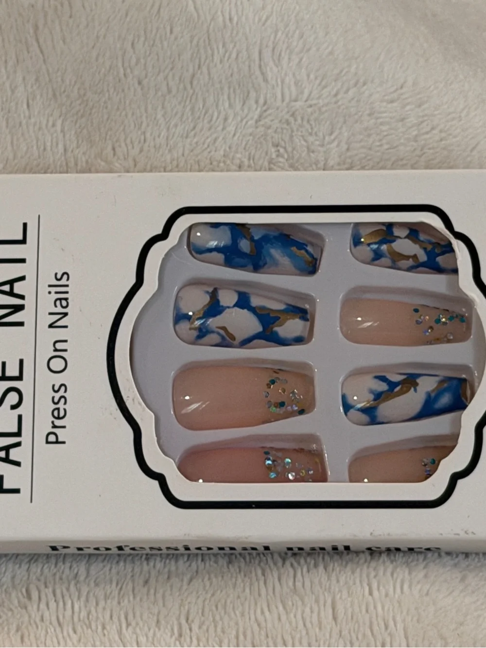 Blue Marble Gold Foil Press On Nails Nude Glitter Coffin Nail Set